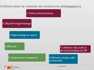 www.itilt.eu
Critères pour la création de ressources pédagogiques
1.Tâches communicatives
2. Objectifs d’apprentissage
3.Apprentissage au centre
4. Efficacité
5. Conseils pour enseignants 6. Eléments visuels, audio
et interactifs
7. Utilisation des outils et
des fonctionnalités du TBI
 