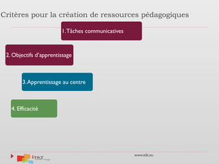www.itilt.eu
Critères pour la création de ressources pédagogiques
1.Tâches communicatives
2. Objectifs d’apprentissage
3.A...