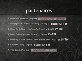 partenaires
1. Universiteit Antwerpen (Belgique)      COORDINATION DU PROJET

2. Pädagogische Hochschule Heidelberg (Allemagne)          classes LV-TBI
3. Université de Nice-Sophia Antipolis (France)   classes LV-TBI
4. British Council Barcelona (Espagne)   classes LV-TBI
5. University of Wales Institute Cardiff (Pays de Galle)    classes LV-TBI
6. Bilkent University (Turquie)   classes LV-TBI
7. TELLConsult (Pays Bas)         DEVELOPPEMENT SITE WEB
 