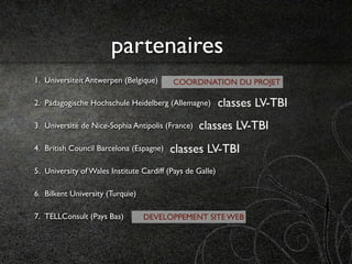 partenaires
1. Universiteit Antwerpen (Belgique)      COORDINATION DU PROJET

2. Pädagogische Hochschule Heidelberg (Allemagne)          classes LV-TBI
3. Université de Nice-Sophia Antipolis (France)   classes LV-TBI
4. British Council Barcelona (Espagne)   classes LV-TBI
5. University of Wales Institute Cardiff (Pays de Galle)

6. Bilkent University (Turquie)

7. TELLConsult (Pays Bas)         DEVELOPPEMENT SITE WEB
 