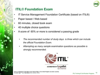 ITIL® Foundation Exam
•        IT Service Management Foundation Certificate (based on ITIL®)
•        Paper based / Web based
•        60 minutes, closed book exam
•        40 multiple choice questions
•        A score of 65% or more is considered a passing grade


          •        The recommended number of study days is three which can include
                   the official Foundation Exam.
          •        Attempting as many sample examination questions as possible is
                   strongly recommended.




ITIL® is a Registered Trade Mark of the Cabinet Office in the United Kingdom and other countries.
The Swirl logo ™ is a Trade Mark of the Cabinet Office.
                                                                                                    ITIL Training & Certification Programs
                                                                                                                                             10
 