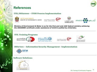 References
ITIL/ISO20000 – ITSM Process Implementation




Ministry of Environment & Water is so far the first and only UAE federal ministry achieving
the ISO20000 certificate under assistance of UniG & audited by (Intertek).



ITIL Training Programs




ISO27001 – Information Security Management - Implementation




Software Solutions:




                                                                    ITIL Training & Certification Programs
                                                                                                             11
 
