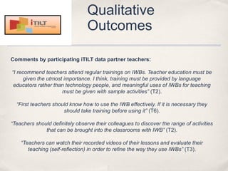 Qualitative
Outcomes
Comments by participating iTILT data partner teachers:
“I recommend teachers attend regular trainings on IWBs. Teacher education must be
given the utmost importance. I think, training must be provided by language
educators rather than technology people, and meaningful uses of IWBs for teaching
must be given with sample activities” (T2).
“First teachers should know how to use the IWB effectively. If it is necessary they
should take training before using it” (T6).
“Teachers should definitely observe their colleagues to discover the range of activities
that can be brought into the classrooms with IWB” (T2).
“Teachers can watch their recorded videos of their lessons and evaluate their
teaching (self-reflection) in order to refine the way they use IWBs” (T3).
 