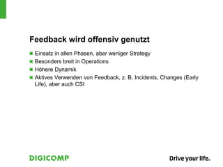 Feedback wird offensiv genutzt
 Einsatz in allen Phasen, aber weniger Strategy
 Besonders breit in Operations
 Höhere Dynamik
 Aktives Verwenden von Feedback, z. B. Incidents, Changes (Early
Life), aber auch CSI
 