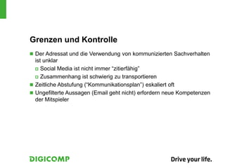 Grenzen und Kontrolle
 Der Adressat und die Verwendung von kommunizierten Sachverhalten
ist unklar
 Social Media ist nicht immer “zitierfähig”
 Zusammenhang ist schwierig zu transportieren
 Zeitliche Abstufung (“Kommunikationsplan”) eskaliert oft
 Ungefilterte Aussagen (Email geht nicht) erfordern neue Kompetenzen
der Mitspieler
 