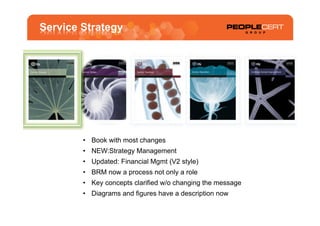 Service Strategy




        •  Book with most changes
        •  NEW:Strategy Management
        •  Updated: Financial Mgmt (V2 style)
        •  BRM now a process not only a role
        •  Key concepts clarified w/o changing the message
        •  Diagrams and figures have a description now
 