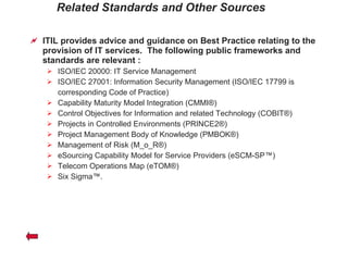 Related Standards and Other Sources ITIL provides advice and guidance on Best Practice relating to the provision of IT services.  The following public frameworks and standards are relevant : ISO/IEC 20000: IT Service Management ISO/IEC 27001: Information Security Management (ISO/IEC 17799 is corresponding Code of Practice) Capability Maturity Model Integration (CMMI®)  Control Objectives for Information and related Technology (COBIT®)  Projects in Controlled Environments (PRINCE2®)  Project Management Body of Knowledge (PMBOK®)  Management of Risk (M_o_R®)  eSourcing Capability Model for Service Providers (eSCM-SP™)  Telecom Operations Map (eTOM®)  Six Sigma™.  