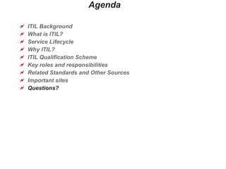 Agenda ITIL Background What is ITIL? Service Lifecycle Why ITIL? ITIL Qualification Scheme Key roles and responsibilities  Related Standards and Other Sources Important sites Questions? 