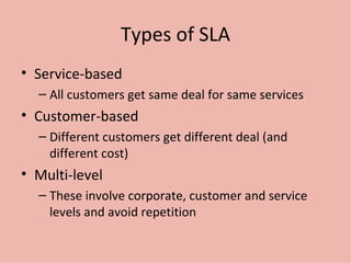Types of SLA Service-based All customers get same deal for same services Customer-based Different customers get different deal (and different cost) Multi-level These involve corporate, customer and service levels and avoid repetition 