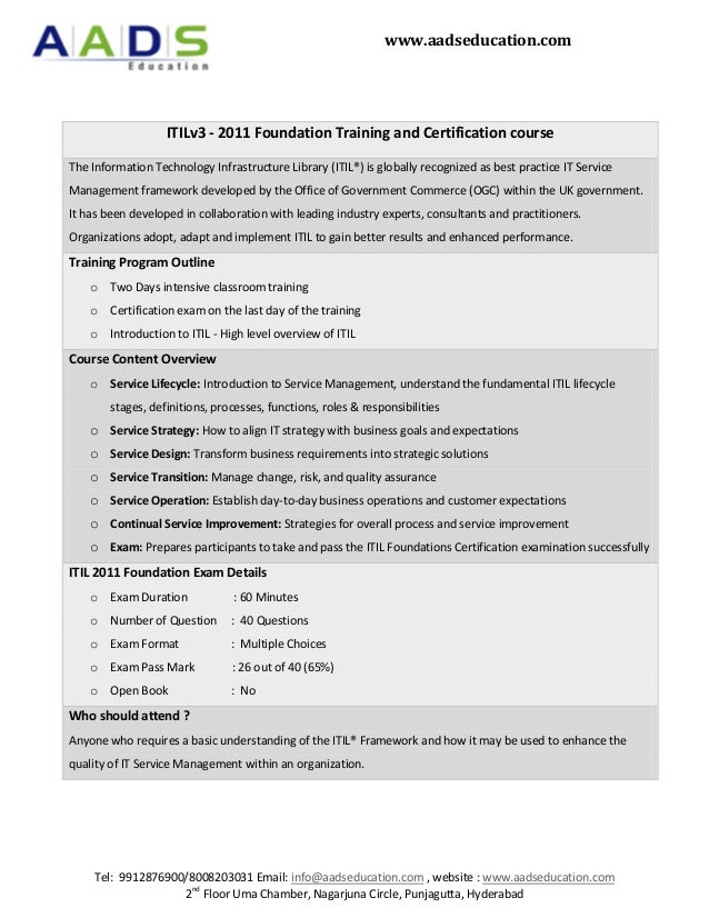 ITILv3 2011 Foundation Training and Certification course
