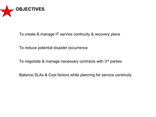 119
CLENT NAME | TITLE HERE | DATE HERE
OBJECTIVES
To create & manage IT service continuity & recovery plans
To reduce pot...