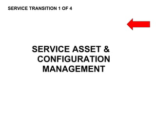 131
CLENT NAME | TITLE HERE | DATE HERE
SERVICE TRANSITION 1 OF 4
SERVICE ASSET &
CONFIGURATION
MANAGEMENT
 