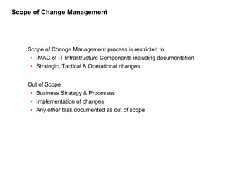 152
CLENT NAME | TITLE HERE | DATE HERE
Scope of Change Management
Scope of Change Management process is restricted to
• I...