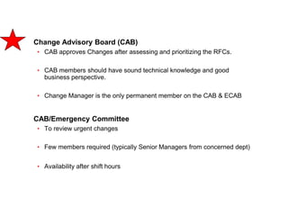 156
CLENT NAME | TITLE HERE | DATE HERE
Change Advisory Board (CAB)
• CAB approves Changes after assessing and prioritizin...