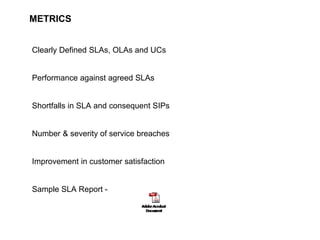 81
CLENT NAME | TITLE HERE | DATE HERE
METRICS
Clearly Defined SLAs, OLAs and UCs
Performance against agreed SLAs
Shortfal...