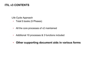 9
CLENT NAME | TITLE HERE | DATE HERE
ITIL v3 CONTENTS
Life Cycle Approach
• Total 5 books (5 Phases)
• All the core proce...