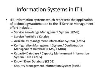 Information Systems in ITIL
• ITIL information systems which represent the application
of technology/automation to the IT Service Management
effort include...
– Service Knowledge Management System (SKMS)
– Service Portfolio / Catalog
– Availability Management Information System (AMIS)
– Configuration Management System / Configuration
Management Database (CMS / CMDB)
– Capacity Database / Capacity Management Information
System (CDB / CMIS)
– Known Error Database (KEDB)
– Security Management Information System (SMIS)
 