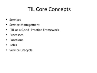 ITIL Core Concepts
• Services
• Service Management
• ITIL as a Good Practice Framework
• Processes
• Functions
• Roles
• Service Lifecycle
 