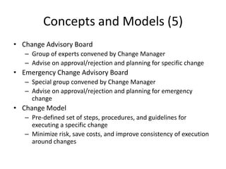Concepts and Models (5)
• Change Advisory Board
– Group of experts convened by Change Manager
– Advise on approval/rejection and planning for specific change
• Emergency Change Advisory Board
– Special group convened by Change Manager
– Advise on approval/rejection and planning for emergency
change
• Change Model
– Pre-defined set of steps, procedures, and guidelines for
executing a specific change
– Minimize risk, save costs, and improve consistency of execution
around changes
 