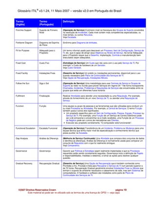 Glossário ITIL® v3.1.24, 11 Maio 2007 – versão v2.0 em Português do Brasil


Termo                   Termo                  Definição
(Inglês)                (Português)

First-line Support      Suporte de Primeiro    (Operação de Serviço) O primeiro nível na hierarquia dos Grupos de Suporte envolvidos
                        Nível                  na resolução de Incidentes. Cada nível contém mais competências especializadas, ou
                                               mais tempo, ou outros Recursos.
                                               Veja Escalada.

Fishbone Diagram        Diagrama de Espinha    Sinônimo para Diagrama de Ishikawa.
                        de Peixe

Fit for Purpose         Adequado para o        Um termo informal usado para descrever um Processo, Item de Configuração, Serviço de
                        Propósito              TI, etc. que é capaz de atingir seus Objetivos ou Níveis de Serviço. Se tornar Adequado
                                               para o Propósito requer que o Desenho, implantação, Controle e manutentenção bem
                                               executados sejam adequados.

Fixed Cost              Custo Fixo             (Estratégia de Serviço) Um Custo que não varia com o uso pelo Serviço de TI. Por
                                               exemplo: o Custo de hardware de um Servidor.
                                               Veja Custo Variável.

Fixed Facility          Instalações Fixas      (Desenho de Serviço) Um prédio ou instalações permanentes, disponível para o uso
                                               quando necessário pelo Plano de Continuidade dos Serviços de TI.
                                               Veja Opção de Recuperação, Instalações Móveis.

Follow the Sun          Siga o Sol             (Operação de Serviço) Uma metodologia para usar Centrais de Serviço e Grupos de
                                               Suporte ao redor no mundo para prover Serviços em regime 24 * 7de forma transparente.
                                               Chamadas, Incidentes, Problemas e Requisições de Serviços são encaminadas entre os
                                               grupos que estão em diferentes fusos horários.

Fulfilment              Finalização            Realizar Atividades para atender uma necessidade ou uma Requisição. Por exemplo,
                                               através do fornecimento de um novo Serviço de TI, ou atender uma Requisição de
                                               Serviço.

Function                Função                 Uma equipe ou grupo de pessoas e as ferramentas que são utilizadas para conduzir um
                                               ou mais Processos ou Atividades. Por exemplo, a Central de Serviços. O termo Função
                                               também possui outros dois significados:
                                                • Um propósito específico para um Item de Configuração, Pessoa, Equipe, Processo ou
                                                  Serviço de TI. Por exemplo, uma Função de um Serviço de Correio Eletrônico pode
                                                  ser a de armazenar e encaminhar os e-mails recebidos, uma Função de um Processo
                                                  de Negócio pode ser o envio de mercadorias aos Clientes.
                                                • Executar seu propósito corretamente, "O computador está funcionando".

Functional Escalation   Escalada Funcional     (Operação de Serviço) Transferência de um Incidente, Problema ou Mudança para uma
                                               equipe técnica que tenha maior nível de especialização e conhecimento técnico que
                                               possa auxiliar na Escalada.

Gap Analysis            Análise da Diferença   (Melhoria de Serviço Continuada) Uma Atividade que compara dois conjuntos de dados
                                               e identifica as diferenças. Análise da Diferença é normalmente usada para comparar um
                                               conjunto de Requisitos com o que foi realmente entregue.
                                               Veja Comparativo.

Governance              Governança             Garantir que Políticas e Estratégia sejam realmente implantadas e que os Processos
                                               requeridos estão sendo corretamente seguidos. Governança inclui a definição de Papéis
                                               e responsabilidades, medidas e relatórios, e tomar as ações para resolver qualquer
                                               questão.

Gradual Recovery        Recuperação Gradual    (Desenho de Serviço) Uma Opção de Recuperação que é também conhecida como
                                               Prontidão a frio. Provisão é feita para Recuperar o Serviço de TI num período superior a
                                               de 72 horas. Recuperação Gradual geralmente envolve Instalações Fixas ou Móveis que
                                               tenham o suporte de ambiente necessário e cabeamento de rede, mas sem Sistemas de
                                               computadores. O hardware e software são instalados como parte do Plano de
                                               Continuidade dos Serviços de TI.




   ©2007 Direitos Reservados Crown                                                            página 19
          Este material só pode ser re-utilizado sob os termos de uma licença do OPSI — veja capa
 