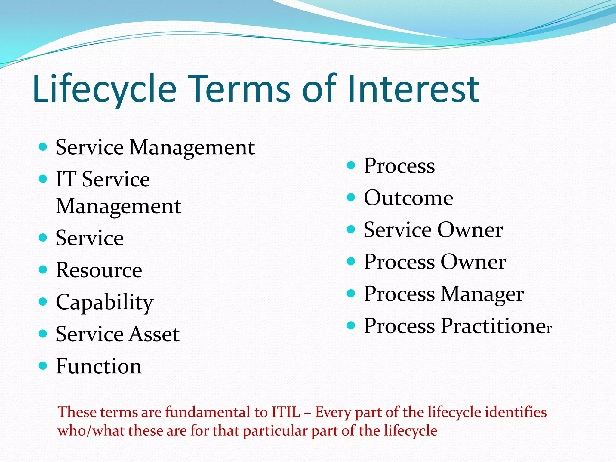 Lifecycle Terms of Interest
 Service Management
 IT Service








Management
Service
Resource
Capability
Service Asset
Function

 Process
 Outcome
 Service Owner

 Process Owner
 Process Manager
 Process Practitioner

These terms are fundamental to ITIL – Every part of the lifecycle identifies
who/what these are for that particular part of the lifecycle

 