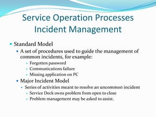 Service Operation Processes
Incident Management
 Standard Model
 A set of procedures used to guide the management of
common incidents, for example:




Forgotten password
Communications failure
Missing application on PC

 Major Incident Model
 Series of activities meant to resolve an uncommon incident
 Service Deck owns problem from open to close
 Problem management may be asked to assist.

 