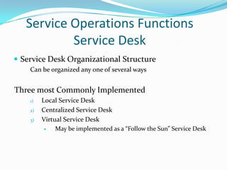 Service Operations Functions
Service Desk
 Service Desk Organizational Structure
Can be organized any one of several ways

Three most Commonly Implemented
1)
2)
3)

Local Service Desk
Centralized Service Desk
Virtual Service Desk

May be implemented as a “Follow the Sun” Service Desk

 