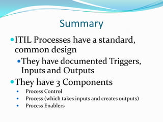 Summary
ITIL Processes have a standard,
common design
 They have documented Triggers,
Inputs and Outputs
They have 3 Components





Process Control
Process (which takes inputs and creates outputs)
Process Enablers

 