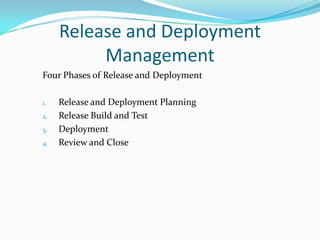 Release and Deployment
Management
Four Phases of Release and Deployment
1.
2.
3.

4.

Release and Deployment Planning
Release Build and Test
Deployment
Review and Close

 