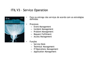 ITIL V3 – Service Operation

           •   Foco na entrega dos serviços de acordo com as estratégias
               definidas

           •   Processos
                – Event Management
                – Incident Management
                – Problem Management
                – Request Fulfillment
                – Access Management

           •   Funções
                – Service Desk
                – Technical Management
                – IT Operations Management
                – Application Management
 