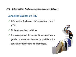 ITIL - Information Technology Infrastructure Library


 Conceitos Básicos de ITIL

  Information Technology Infrastructure Library
    (ITIL)

  Biblioteca de boas práticas

  É um conjunto de livros que busca promover a

    gestão com foco no cliente e na qualidade dos

    serviços de tecnologia da informação.
 