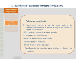 ITIL - Information Technology Infrastructure Library




                 Politicas de comunicação

             É   fundamental definir e acordar uma política de
                 comunicação/reporting e definir as regras dos relatórios
                 da gestão de serviços:
             · Público-alvo / pontos de vista do negócio
             · O que medir e oque informar
             · Fórmulas de cálculo de indicadores
             · Periodicidade de Relatórios
             · Forma de envio e tipo de suporte
             · Agendamento de reuniões para analisar e discutir os
                 relatórios
 
