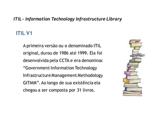 ITIL - Information Technology Infrastructure Library


 ITIL V1

    A primeira versão ou o denominado ITIL
    original, durou de 1986 até 1999. Ela foi
    desenvolvida pela CCTA e era denominada
    “Government Information Technology
    Infrastructure Management Methodology -
    GITMM”. Ao longo de sua existência ela
    chegou a ser composta por 31 livros.
 