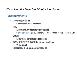 ITIL - Information Technology Infrastructure Library


 Enquadramento
   • Governação de TI
      – Conceitos e boas práticas
   • ITIL
      – Estrutura, conceitos e processos
      – Service Strategy, S. Design, S. Transition, S.Operation, CSI
   • COBIT
      – Estrutura, conceitos e processos
   • CMMI, ISO 17799, PMBOK e outros modelos
      – Visão geral
   • Integração e aplicação dos modelos
 