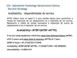 ITIL - Information Technology Infrastructure Library
 Service Strategy
 Avalilability – disponibilidade de serviço
MTTR ("Mean time to repair”) é uma medida básica para quantificar o
tempo de reparação de um equipamento ou a reposição de um serviço.
Representa a média de tempo necessária à reparação de avaria de
equipamento e/ou à reposição de um serviço.

          Availability= MTBF/(MTBF+MTTR)

if we are using equipment which has mean time between failure (MTBF)
of 81.5 years and mean time to recovery (MTTR) of 1 hour:
MTBF in hours = 81.5*365*24=713940
Availability= MTBF/(MTBF+MTTR) = 713940/713941 =99.999859%
Unavailability = 0.000141%
 