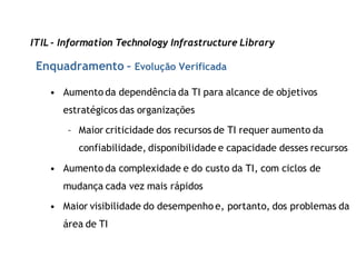 ITIL - Information Technology Infrastructure Library

 Enquadramento – Evolução Verificada

    • Aumento da dependência da TI para alcance de objetivos
       estratégicos das organizações

       – Maior criticidade dos recursos de TI requer aumento da
          confiabilidade, disponibilidade e capacidade desses recursos

    • Aumento da complexidade e do custo da TI, com ciclos de
       mudança cada vez mais rápidos

    • Maior visibilidade do desempenho e, portanto, dos problemas da
       área de TI
 
