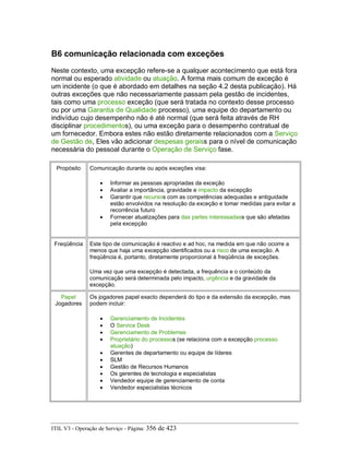 B6 comunicação relacionada com exceções
Neste contexto, uma excepção refere-se a qualquer acontecimento que está fora
normal ou esperado atividade ou atuação. A forma mais comum de exceção é
um incidente (o que é abordado em detalhes na seção 4.2 desta publicação). Há
outras exceções que não necessariamente passam pela gestão de incidentes,
tais como uma processo exceção (que será tratada no contexto desse processo
ou por uma Garantia de Qualidade processo), uma equipe do departamento ou
indivíduo cujo desempenho não é até normal (que será feita através de RH
disciplinar procedimentos), ou uma exceção para o desempenho contratual de
um fornecedor. Embora estes não estão diretamente relacionados com a Serviço
de Gestão de, Eles vão adicionar despesas geraiss para o nível de comunicação
necessária do pessoal durante o Operação de Serviço fase.
Propósito Comunicação durante ou após exceções visa:
• Informar as pessoas apropriadas da exceção
• Avaliar a importância, gravidade e impacto da excepção
• Garantir que recursos com as competências adequadas e antiguidade
estão envolvidos na resolução da exceção e tomar medidas para evitar a
recorrência futuro
• Fornecer atualizações para das partes interessadass que são afetadas
pela excepção
Freqüência Este tipo de comunicação é reactivo e ad hoc, na medida em que não ocorre a
menos que haja uma excepção identificados ou a risco de uma exceção. A
freqüência é, portanto, diretamente proporcional à freqüência de exceções.
Uma vez que uma excepção é detectada, a frequência e o conteúdo da
comunicação será determinada pelo impacto, urgência e da gravidade da
excepção.
Papel
Jogadores
Os jogadores papel exacto dependerá do tipo e da extensão da excepção, mas
podem incluir:
• Gerenciamento de Incidentes
• O Service Desk
• Gerenciamento de Problemas
• Proprietário do processos (se relaciona com a excepção processo
atuação)
• Gerentes de departamento ou equipe de líderes
• SLM
• Gestão de Recursos Humanos
• Os gerentes de tecnologia e especialistas
• Vendedor equipe de gerenciamento de conta
• Vendedor especialistas técnicos
ITIL V3 - Operação de Serviço - Página: 356 de 423
 
