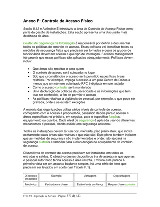 Anexo F: Controle de Acesso Físico
Seção 5.12 e Apêndice E introduziu a área de Controle de Acesso Físico como
parte da gestão de instalações. Esta seção apresenta uma discussão mais
detalhada da área.
Gestão de Segurança da Informação é responsável por definir e documentar
todas as políticas de controle de acesso. Estas políticas vai identificar todas as
medidas de segurança física que precisam ser tomadas e quais os grupos de
funcionários devem ter acesso a que tipo de instalação. Facilities Management
irá garantir que essas políticas são aplicadas adequadamente. Políticas devem
incluir:
• Que áreas são restritas e para quem
• O controle de acesso será colocado no lugar
• Sob que circunstâncias o acesso será permitido específicas áreas
restritas. Por exemplo, impeça o acesso a um piso Centro de Dados a
menos que um número autorizado RFC é digitada em um teclado
• Como o acesso controlar será monitorado
• Uma declaração de políticas de privacidade e as informações que tem
que ser conhecido, a fim de permitir o acesso
• As políticas relativas à vigilância de pessoal, por exemplo, o que pode ser
gravada, onde e se existem exceções.
A maioria das organizações utiliza vários níveis de controle de acesso,
começando com o acesso à propriedade, passando depois para o acesso a
áreas específicas no prédio e, em seguida, para o específico funçãos,
equipamento ou quartos. Cada nível de segurança é aplicada usando diferentes
mecanismos e pessoal, dando assim uma segurança adicional.
Todas as instalações devem ter um documentada, piso plano atual, que indica
exatamente quais áreas são restritas e que não são. Este plano também indicam
que as medidas de segurança são implementados e onde. Isto ajudará na
segurança auditars e também para a manutenção do equipamento de controlo
de acesso.
Dispositivos de controle de acesso precisam ser instalados em todas as
entradas e saídas. O objectivo destes dispositivos é a de assegurar que apenas
o pessoal autorizado tenha acesso à área restrita. Embora este parece à
primeira vista ser um assunto bastante simples, há uma série de itens que
precisam ser levados em conta (ver Tabela F.1).
O controle
de acesso
Exemplo Vantagens Desvantagens
Mecânico Fechadura e chave Estável e de confiança Requer chave controlar
ITIL V3 - Operação de Serviço - Página: 377 de 423
 