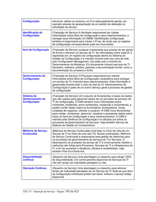 Configuração adicionar, alterar ou remover um CI é adequadamente gerida, por
exemplo através da apresentação de um pedido de alteração ou
solicitação de serviço.
Identificação da
Configuração
(Transição de Serviço) A Atividade responsável por coletar
informações sobre itens de configuração e seus relacionamentos, e
carregar essa informação na CMDB. Identificação configuração
também é responsável para rotular o IC-se, de modo que os registos
de configuração correspondente pode ser encontrada.
Item de Configuração (Transição de Serviço) qualquer componente que precisa de ser gerida
de forma a oferecer um serviço de TI. As informações sobre cada IC é
registrada em um registro de configuração dentro do Sistema de
Gestão de Configuração e é mantido durante todo seu ciclo de vida
pelo Configuration Management. CIs estão sob o controle de
Gerenciamento de Mudança. ICs tipicamente incluem serviços de TI,
hardware, software, prédios, pessoas e documentação formal, como a
documentação do processo e SLAs.
Gerenciamento da
Configuração
(Transição de Serviço) O Processo responsável por manter
informações sobre Itens de Configuração necessários para entregar
um serviço de TI, incluindo seus relacionamentos. Esta informação é
gerenciada durante todo o ciclo de vida do CI. Gerenciamento de
Configuração é parte de um activo Serviço geral e processo de gestão
de configuração.
Sistema de
Gerenciamento da
Configuração
(Transição de Serviço) Um conjunto de ferramentas e bases de dados
que são usados para gerenciar dados de um provedor de serviços de
TI de configuração. O CMS também inclui informações sobre
incidentes, problemas, erros conhecidos, mudanças e lançamentos, e
podem conter dados sobre os funcionários, fornecedores, locais,
unidades de negócios, clientes e usuários. O CMS inclui ferramentas
para coletar, armazenar, gerenciar, atualizar e apresentar dados sobre
todos os itens de configuração e seus relacionamentos. O CMS é
mantida pela Gerência de Configuração e é utilizado por todos os
processos de gerenciamento de serviços. Veja também Serviço de
Sistema de Gestão do Conhecimento.
Melhoria de Serviço
Continuada
(Melhoria de Serviço Continuada) Uma fase no Ciclo de Vida de um
Serviço de TI eo título de uma das ITIL Núcleo publicações. Melhoria
de Serviço Continuada é responsável pela gestão de melhorias para
os processos de gerenciamento de serviços de TI e Serviços. O
desempenho do prestador de serviço de TI é continuamente medido e
melhorias são feitas para Processos, Serviços de TI e infraestrutura de
TI, a fim de aumentar a eficiência, eficácia e rentabilidade. Veja
também Plan-Do-Check-Act.
Disponibilidade
contínua
(Desenho de Serviço) Uma abordagem ou desenho para atingir 100%
de disponibilidade. Um continuamente disponível de Serviços de TI
não tem tempo de inatividade planejado ou não.
Operação Contínua (Desenho de Serviço) Uma abordagem ou desenho para eliminar
tempo de inatividade planejado de um Serviço de TI. Note-se que itens
de configuração individuais podem ser baixo, embora o serviço esteja
disponível.
ITIL V3 - Operação de Serviço - Página: 395 de 423
 