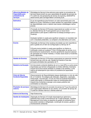 eSourcing Modelo de
Capacidade para
prestadores de
serviços
(Estratégia de Serviço) Uma estrutura para ajudar os provedores de
serviços desenvolvem as suas capacidades de gestão de serviços de
TI a partir de uma perspectiva de serviço de sourcing. eSCM-SP foi
desenvolvido pela Carnegie Mellon University,EUA.
Estimativa O uso da experiência para fornecer um valor aproximado para uma
Métrica ou Custo. Estimativa é usado também em capacidade e gestão
de disponibilidade como o método mais barato e Modelagem menos
preciso.
Avaliação (Transição de Serviço) O Processo responsável por avaliar um novo
ou alterado Serviço de TI para garantir que os riscos foram
gerenciados e para ajudar a determinar se deseja prosseguir com a
mudança.
Avaliação também é usada para significar comparar um resultado real
com o resultado pretendido, ou comparar uma alternativa com outra.
Evento (Operação de Serviço) Uma mudança de estado que tem importância
para a gestão de um Item de Configuração ou Serviço de TI.
O Evento termo também é usado para significar um Alerta ou
notificação criada por qualquer TI item Configuração do serviço, ou a
ferramenta de monitoramento. Eventos geralmente requerem pessoal
de operações de TI tomar medidas, e muitas vezes levam a Incidentes
sendo registrados.
Gestão de Eventos (Operação de Serviço) O Processo responsável por gerenciar eventos
durante todo seu ciclo de vida. Gestão de Eventos é uma das
principais atividades das operações de TI.
Relatório de Exceção Um documento contendo detalhes de um ou mais KPIs ou outros alvos
importantes que tenham ultrapassado os limites definidos. Exemplos
incluem SLA alvos sendo perdidas ou prestes a ser perdida, e uma
métrica de desempenho que indica um problema de capacidade
potencial.
Ciclo de Vida do
Incidente Expandido
(Gerenciamento de Disponibilidade) etapas detalhadas no ciclo de vida
de um incidente. Os estágios são detecção, diagnóstico, reparação,
restauração, reconstrução. O Ciclo de Vida do Incidente Expandido é
usado para ajudar a compreender todas as contribuições para o
impacto dos incidentes e planejar como esses poderiam ser
controlados ou reduzidos.
Prestador de serviços
externo
(Estratégia de Serviço) Um provedor de serviço de TI que faz parte de
uma organização diferente ao seu cliente. Um provedor de serviço de
TI pode ter clientes internos e clientes externos.
Externa de Sourcing Veja Outsourcing.
Gestão de Instalações (Operação de Serviço) A Função responsável por gerenciar o
ambiente físico onde a infra-estrutura de TI está localizado. Facilities
Management inclui todos os aspectos de gestão do ambiente físico,
para poder exemplo e refrigeração, construção de acesso, gestão e
monitoramento ambiental.
ITIL V3 - Operação de Serviço - Página: 399 de 423
 