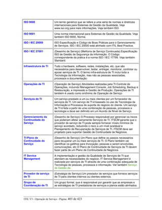 ISO 9000 Um termo genérico que se refere a uma série de normas e diretrizes
internacionais para Sistemas de Gestão da Qualidade. Veja
www.iso.org para mais informações. Veja também ISO.
ISO 9001 Uma norma internacional para Sistemas de Gestão da Qualidade. Veja
também ISO 9000, Norma.
ISO / IEC 20000 ISO Especificação e Código de Boas Práticas para o Gerenciamento
de Serviços. ISO / IEC 20000 está alinhado com ITIL Best Practice.
ISO / IEC 27001 (Desenho de Serviço) (Melhoria de Serviço Continuada) Especificação
ISO de Gestão de Segurança da Informação. O Código
correspondente da prática é a norma ISO / IEC 17799. Veja também
Standard.
Infraestrutura de TI Todo o hardware, software, redes, instalações, etc, que são
necessários para desenvolver, testar, entregar, monitorar, controlar ou
apoiar serviços de TI. O termo infra-estrutura de TI inclui toda a
Tecnologia da Informação, mas não as pessoas associadas,
processos e documentação.
Operações de TI (Operação de Serviço) Atividades realizadas pela TI Controle de
Operações, incluindo Management Console, Job Scheduling, Backup e
Restauração, e impressão e Gestão de Produção. Operações de TI
também é usado como sinônimo de Operação de Serviço.
Serviços de TI Um serviço prestado a um ou mais clientes por um fornecedor de
serviços de TI. Um serviço de TI é baseado no uso de Tecnologia da
Informação e Processos de suporte de negócio do cliente. Um serviço
de TI é feita a partir de uma combinação de pessoas, processos e
tecnologia e deve ser definido em um Acordo de Nível de Serviço.
Gerenciamento da
Continuidade do
Serviço
(Desenho de Serviço) O Processo responsável por gerenciar os riscos
que poderiam afetar seriamente Serviços de TI. ITSCM garante que o
provedor de serviço de TI pode sempre fornecer níveis mínimos de
serviço acordado, reduzindo o risco a um nível aceitável e
Planejamento de Recuperação de Serviços de TI. ITSCM deve ser
projetado para suportar Gestão de Continuidade de Negócios.
TI Plano de
Continuidade do
Serviço
(Desenho de Serviço) Um Plano que define os passos necessários
para recuperar um ou mais serviços de TI. O Plano também vai
identificar os gatilhos para Invocação, pessoas a serem envolvidas,
comunicações, etc O Plano de Continuidade de Serviços de TI devem
fazer parte de um Plano de Continuidade de Negócios.
IT Service
Management
A implementação e gestão da Qualidade de Serviços de TI que
atendam as necessidades do negócio. IT Service Management é
realizada por serviços de TI através de uma combinação adequada de
Tecnologia de pessoas, processos e informação. Ver também Serviço
de Gestão de.
Provedor de serviço
de TI
(Estratégia de Serviço) Um prestador de serviços que fornece serviços
de TI para clientes internos ou clientes externos.
Grupo de
Coordenação de TI
Um grupo formal, que é responsável por garantir que as empresas e
as estratégias de TI prestadoras de serviços e planos estão alinhados.
ITIL V3 - Operação de Serviço - Página: 403 de 423
 