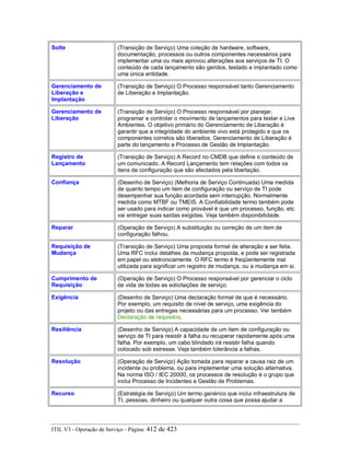 Solte (Transição de Serviço) Uma coleção de hardware, software,
documentação, processos ou outros componentes necessários para
implementar uma ou mais aprovou alterações aos serviços de TI. O
conteúdo de cada lançamento são geridos, testado e implantado como
uma única entidade.
Gerenciamento de
Liberação e
Implantação
(Transição de Serviço) O Processo responsável tanto Gerenciamento
de Liberação e Implantação.
Gerenciamento de
Liberação
(Transição de Serviço) O Processo responsável por planejar,
programar e controlar o movimento de lançamentos para testar e Live
Ambientes. O objetivo primário do Gerenciamento de Liberação é
garantir que a integridade do ambiente vivo está protegido e que os
componentes corretos são liberados. Gerenciamento de Liberação é
parte do lançamento e Processo de Gestão de Implantação.
Registro de
Lançamento
(Transição de Serviço) A Record no CMDB que define o conteúdo de
um comunicado. A Record Lançamento tem relações com todos os
itens de configuração que são afectados pela libertação.
Confiança (Desenho de Serviço) (Melhoria de Serviço Continuada) Uma medida
de quanto tempo um item de configuração ou serviço de TI pode
desempenhar sua função acordada sem interrupção. Normalmente
medida como MTBF ou TMEIS. A Confiabilidade termo também pode
ser usado para indicar como provável é que um processo, função, etc
vai entregar suas saídas exigidas. Veja também disponibilidade.
Reparar (Operação de Serviço) A substituição ou correção de um item de
configuração falhou.
Requisição de
Mudança
(Transição de Serviço) Uma proposta formal de alteração a ser feita.
Uma RFC inclui detalhes da mudança proposta, e pode ser registrada
em papel ou eletronicamente. O RFC termo é freqüentemente mal
utilizada para significar um registro de mudança, ou a mudança em si.
Cumprimento de
Requisição
(Operação de Serviço) O Processo responsável por gerenciar o ciclo
de vida de todas as solicitações de serviço.
Exigência (Desenho de Serviço) Uma declaração formal de que é necessário.
Por exemplo, um requisito de nível de serviço, uma exigência do
projeto ou das entregas necessárias para um processo. Ver também
Declaração de requisitos.
Resiliência (Desenho de Serviço) A capacidade de um item de configuração ou
serviço de TI para resistir à falha ou recuperar rapidamente após uma
falha. Por exemplo, um cabo blindado irá resistir falha quando
colocado sob estresse. Veja também tolerância a falhas.
Resolução (Operação de Serviço) Ação tomada para reparar a causa raiz de um
incidente ou problema, ou para implementar uma solução alternativa.
Na norma ISO / IEC 20000, os processos de resolução é o grupo que
inclui Processo de Incidentes e Gestão de Problemas.
Recurso (Estratégia de Serviço) Um termo genérico que inclui infraestrutura de
TI, pessoas, dinheiro ou qualquer outra coisa que possa ajudar a
ITIL V3 - Operação de Serviço - Página: 412 de 423
 