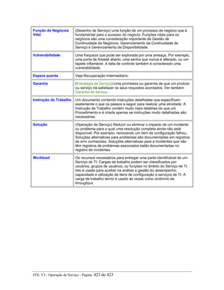 Função de Negócios
Vital
(Desenho de Serviço) uma função de um processo de negócio que é
fundamental para o sucesso do negócio. Funções vitais para os
negócios são uma consideração importante de Gestão de
Continuidade de Negócios, Gerenciamento da Continuidade de
Serviço e Gerenciamento de Disponibilidade.
Vulnerabilidade Uma fraqueza que pode ser explorada por uma ameaça. Por exemplo,
uma porta de firewall aberto, uma senha que nunca é alterado, ou um
tapete inflamável. A falta de controle também é considerado uma
vulnerabilidade.
Espera quente Veja Recuperação Intermediário.
Garantia (Estratégia de Serviço) Uma promessa ou garantia de que um produto
ou serviço irá satisfazer os seus requisitos acordados. Ver também
Garantia de serviço.
Instrução de Trabalho Um documento contendo instruções detalhadas que especificam
exatamente o que os passos a seguir para realizar uma atividade. A
Instrução de Trabalho contém muito mais detalhes do que um
Procedimento e é criada apenas se instruções muito detalhadas são
necessárias.
Solução (Operação de Serviço) Reduzir ou eliminar o impacto de um incidente
ou problema para o qual uma resolução completa ainda não está
disponível. Por exemplo, reiniciando um item de configuração falhou.
Soluções alternativas para problemas são documentadas em registros
de erro conhecidas. Soluções alternativas para a incidentes que não
têm registros de problemas associados estão documentadas no
registro de incidentes.
Workload Os recursos necessários para entregar uma parte identificável de um
Serviço de TI. Cargas de trabalho podem ser classificados por
usuários, grupos de usuários, ou funções no âmbito do Serviço de TI.
Isto é usado para auxiliar na análise e gestão do desempenho,
capacidade e utilização de itens de configuração e serviços de TI. A
carga de trabalho termo é usado às vezes como sinônimo de
throughput.
ITIL V3 - Operação de Serviço - Página: 423 de 423
 