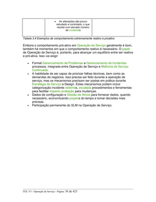 • As alterações são pouco
estudado e controlado, o que
resulta num elevado número
de incidentes
Tabela 3.4 Exemplos de comportamento extremamente reativo e proativo
Embora o comportamento pró-ativo em Operação de Serviço geralmente é bom,
também há momentos em que o comportamento reativo é necessário. O papel
de Operação de Serviço é, portanto, para alcançar um equilíbrio entre ser reativa
e pró-ativa. Isso vai exigir:
• Formal Gerenciamento de Problemas e Gerenciamento de Incidentes
processos, integrada entre Operação de Serviço e Melhoria de Serviço
Continuada.
• A habilidade de ser capaz de priorizar falhas técnicas, bem como as
demandas de negócios. Isso precisa ser feito durante a operação de
serviço, mas os mecanismos precisam ser postas em prática durante
Estratégia de Serviço e Design. Estes mecanismos podem incluir
categorização incidente sistemas, escalada procedimentos e ferramentas
para facilitar impacto avaliação para mudanças.
• Dados de configuração e Gestão de Ativos para fornecer dados, quando
necessário, economizando projetos do tempo e tomar decisões mais
precisas.
• Participação permanente do SLM na Operação de Serviço.
ITIL V3 - Operação de Serviço - Página: 56 de 423
 