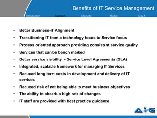 Benefits of IT Service Management Better Business-IT Alignment Transitioning IT from a technology focus to Service focus Process oriented approach providing consistent service quality Services that can be bench marked Better service visibility  - Service Level Agreements (SLA) Integrated, scalable framework for managing IT Services Reduced long term costs in development and delivery of IT services Reduced risk of not being able to meet business objectives The ability to absorb a high rate of changes  IT staff are provided with best practice guidance Introduction Concept Lifecycle  Model s Q &  A 