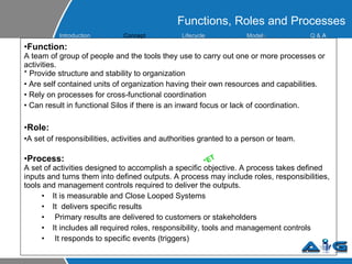 Functions, Roles and Processes Function: A team of group of people and the tools they use to carry out one or more processes or activities. * Provide structure and stability to organization Are self contained units of organization having their own resources and capabilities. Rely on processes for cross-functional coordination Can result in functional Silos if there is an inward focus or lack of coordination. Role: A set of responsibilities, activities and authorities granted to a person or team. Process: A set of activities designed to accomplish a specific objective. A process takes defined inputs and turns them into defined outputs. A process may include roles, responsibilities, tools and management controls required to deliver the outputs.  It is measurable and Close Looped Systems  It  delivers specific results Primary results are delivered to customers or stakeholders It includes all required roles, responsibility, tools and management controls It responds to specific events (triggers) *ET Introduction Concept Lifecycle  Model s Q &  A 