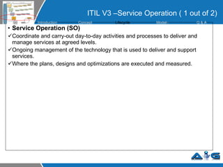 ITIL V3 –Service Operation ( 1 out of 2) Service Operation (SO) Coordinate and carry-out day-to-day activities and processes to deliver and manage services at agreed levels. Ongoing management of the technology that is used to deliver and support services. Where the plans, designs and optimizations are executed and measured. Introduction Concept Lifecycle  Model s Q &  A 
