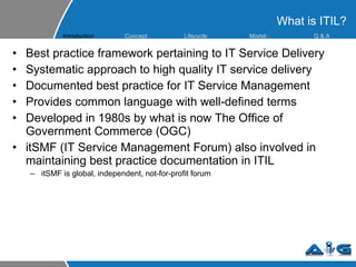 What is ITIL? Best practice framework pertaining to IT Service Delivery Systematic approach to high quality IT service delivery Documented best practice for IT Service Management Provides common language with well-defined terms Developed in 1980s by what is now The Office of Government Commerce (OGC) itSMF (IT Service Management Forum) also involved in maintaining best practice documentation in ITIL itSMF is global, independent, not-for-profit forum Introduction Concept Lifecycle  Model s Q & A 