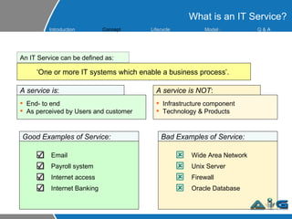 What is an IT Service? ‘ One or more IT systems which enable a business process’.  An IT Service can be defined as: A service is : End- to end As perceived by Users and customer A service is NOT : Infrastructure component Technology & Products Email  Payroll system Internet access Internet Banking Good Examples of Service:  Bad Examples of Service:  Wide Area Network Unix Server Firewall Oracle Database Introduction Concept Lifecycle  Model s Q &  A 