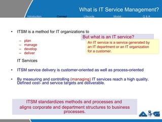 ITSM is a method for IT organizations to plan manage develop deliver IT Services ITSM service delivery is customer-oriented as well as process-oriented By measuring and controlling  (managing)  IT services reach a high quality. Defined cost- and service targets are deliverable. What is IT Service Management? ITSM standardizes methods and processes and  aligns corporate and department structures to business processes. But what is an IT service? An IT service is a service generated by  an IT department or an IT organization  for a customer. Introduction Concept Lifecycle  Model s Q &  A 